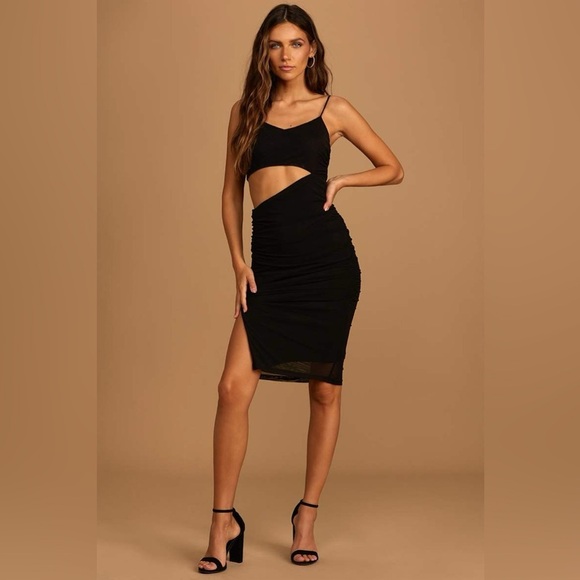 Lulus Dresses & Skirts - Lulus Cutting Loose Black Ruched Cutout Bodycon Dress Black Leg Slit M
